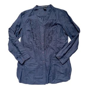 Saint Tropez West Lagenlook Linen Eyelet Embroidered Long Sleeve Button Down